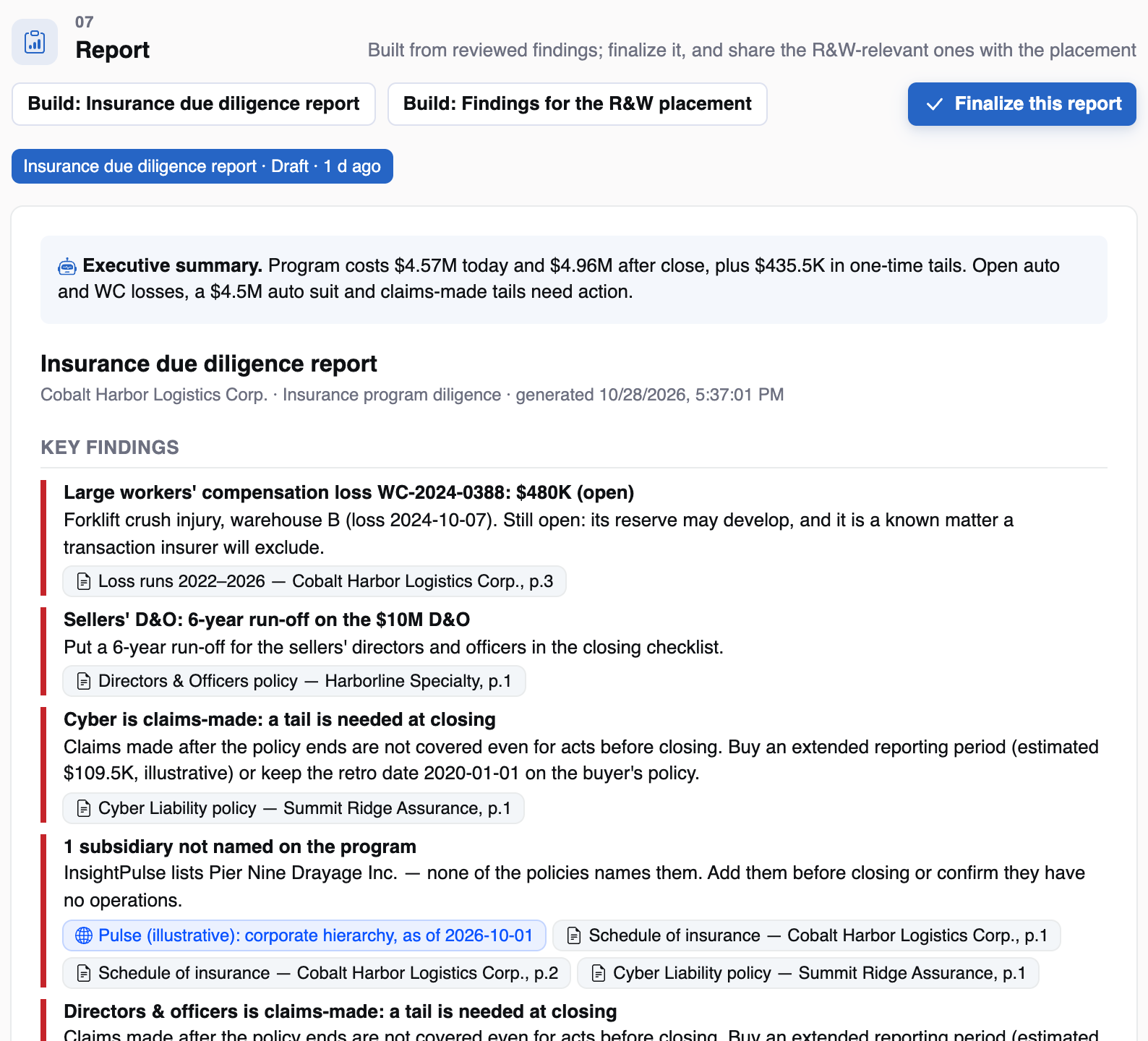 A draft insurance due diligence report for an illustrative logistics target, built from reviewed findings: an executive summary with today's and after-closing program cost and tails, then key findings each citing its loss-run, policy or Pulse source