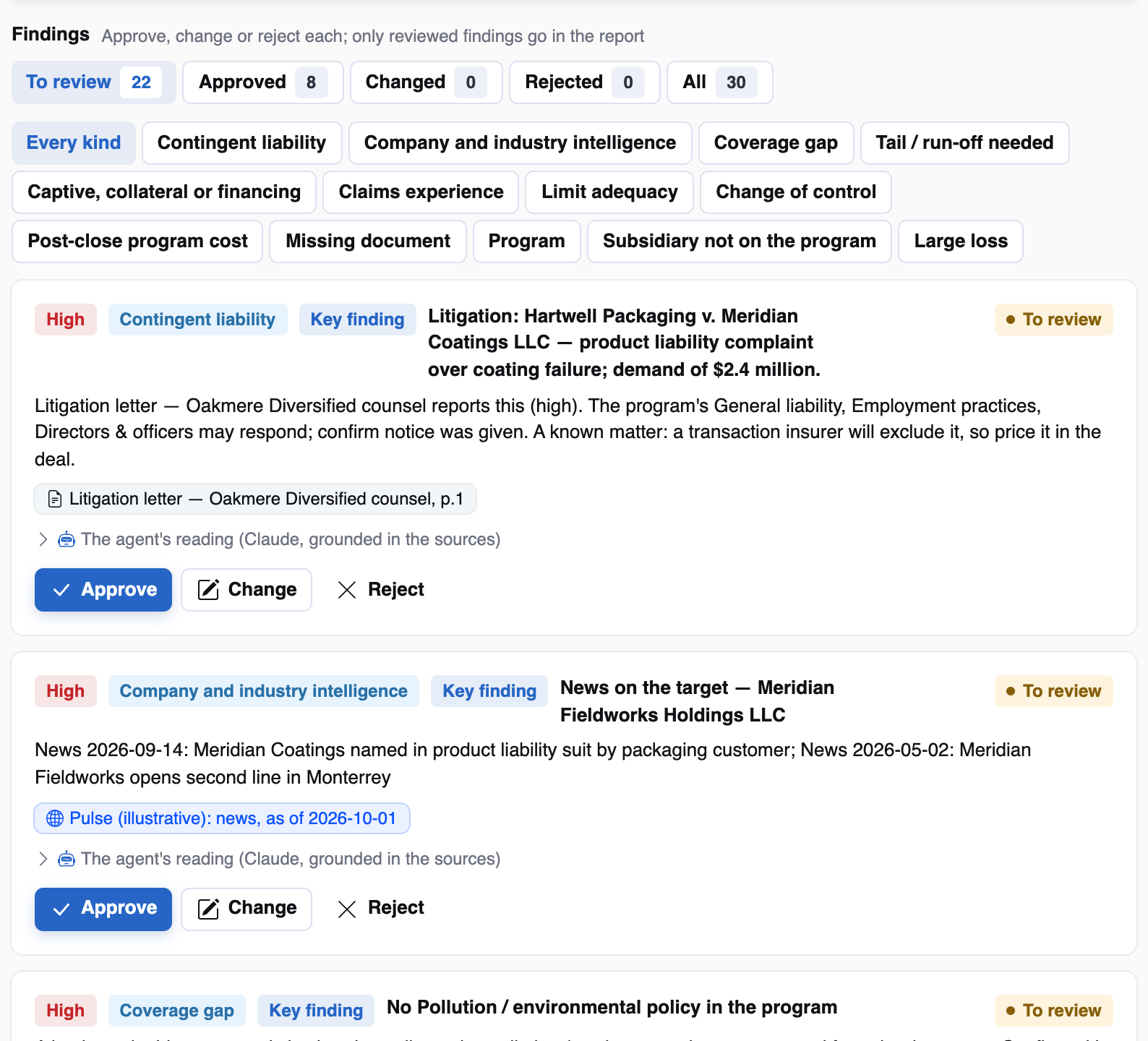 Findings on an illustrative industrial target: filters by review status and kind, then each finding with its severity, category, key-finding flag, summary, the document page or Pulse fact it cites, the agent's reading, and Approve, Change or Reject