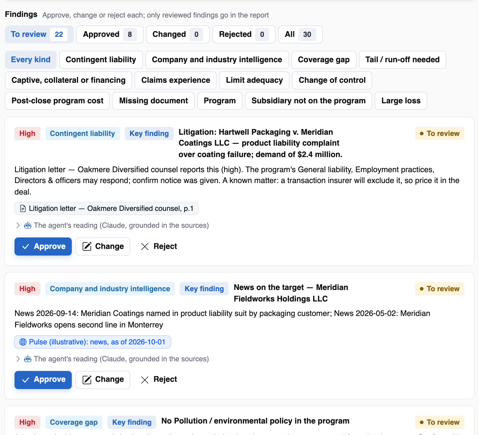 The findings list with severity, category, citations and review buttons