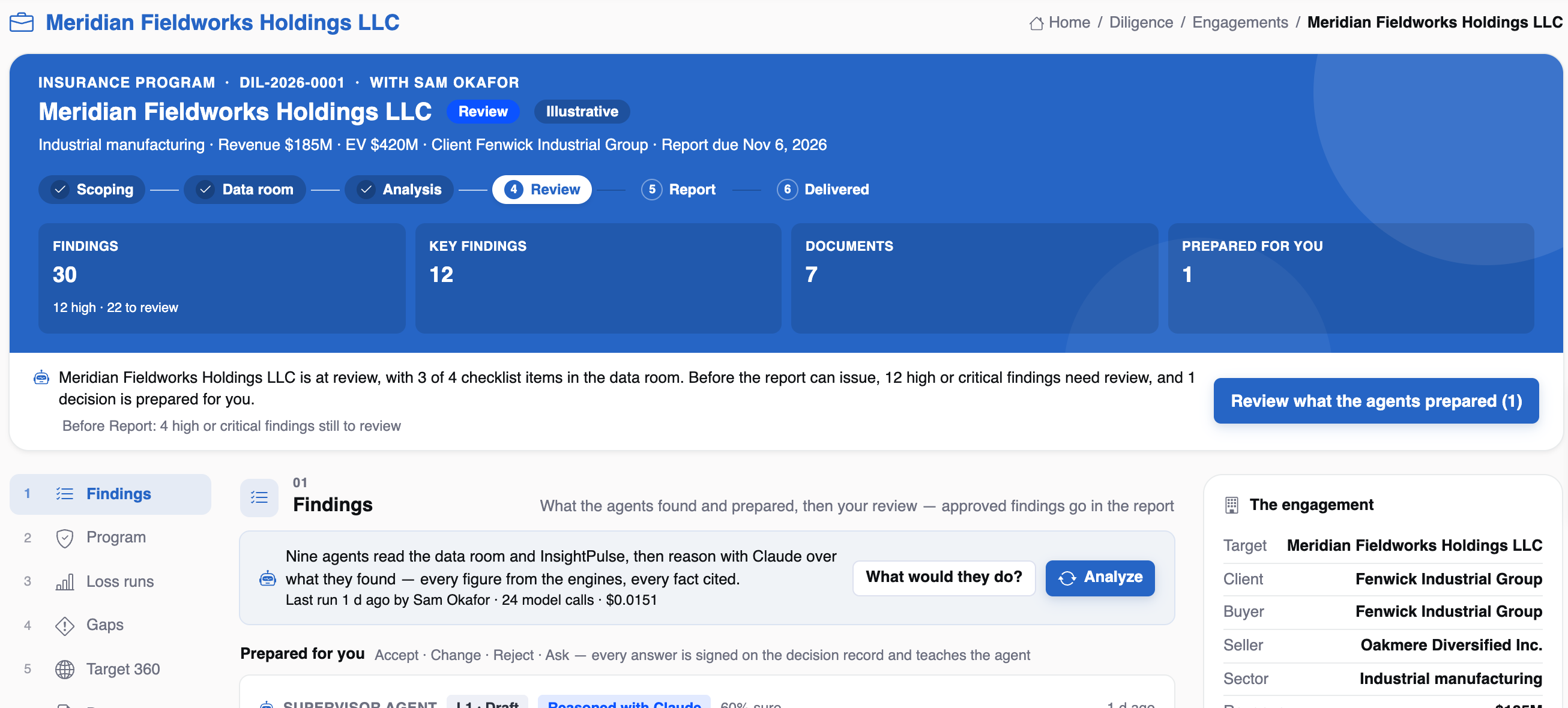 The InsightDueDiligence workspace for an illustrative industrial target at Review: the stage strip from Scoping to Delivered, 30 findings with 12 high, 12 key findings, 7 documents, the agents' narrative and the engagement rail