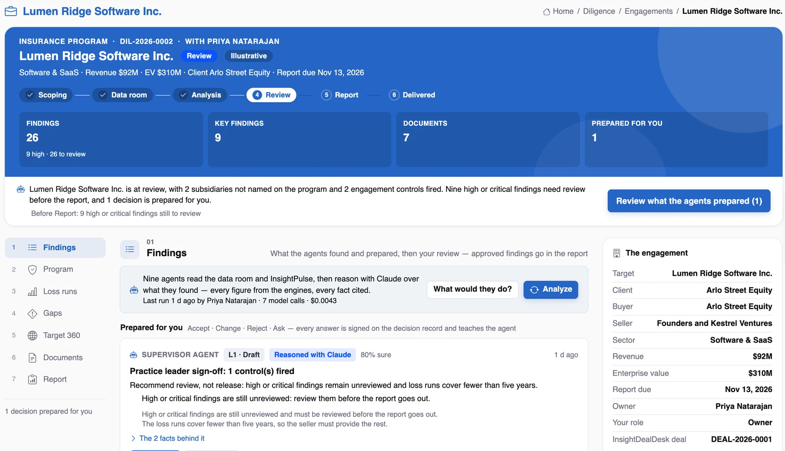 The Diligence Workspace for an illustrative software target at review