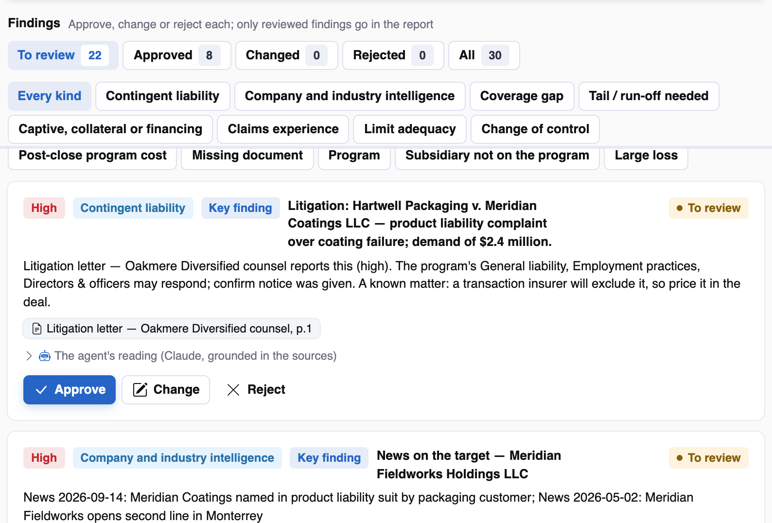 Findings to review on an illustrative target: a product liability complaint with a $2.4 million demand cited to the litigation letter, and news on the target cited to InsightPulse, each with Approve, Change and Reject