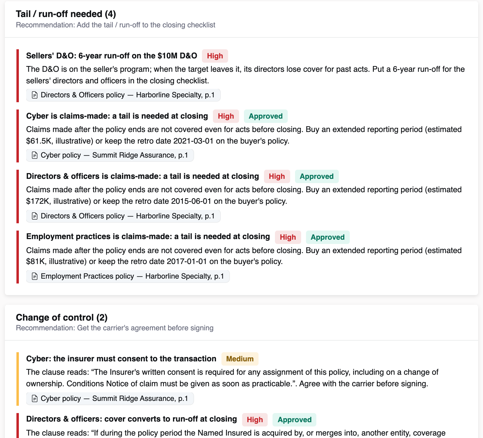 Tail and run-off needs and change-of-control clauses on an illustrative target: the sellers' six-year D&O run-off, cyber, D&O and employment practices tails with estimated costs and retro dates, a cyber policy needing the insurer's consent and a D&O converting to run-off, each quoting its policy page